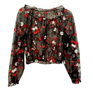 Woman's Off Shoulder See-Through Embroidery Floral
Crop Top Ruffled Blouse (M)